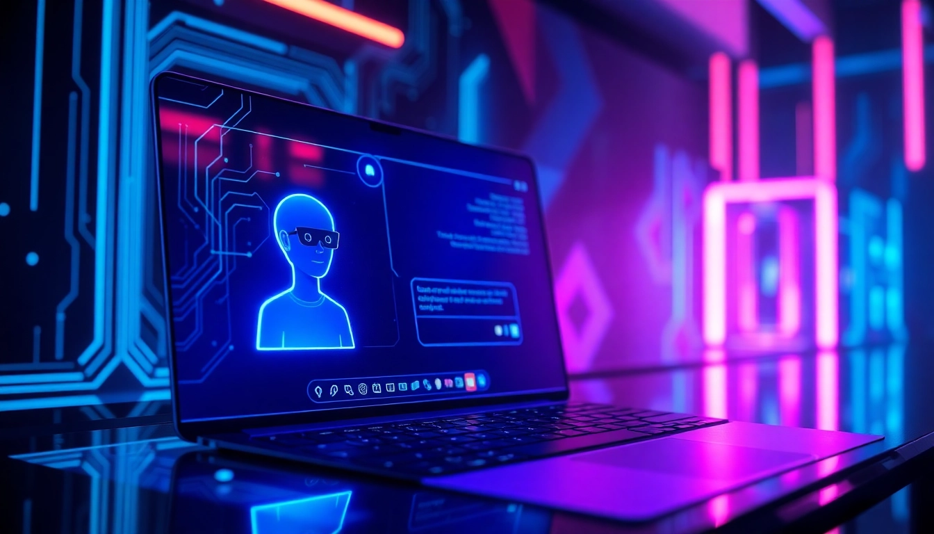 Futuristic AI chat interface with glowing avatar in a neon-lit digital environment.