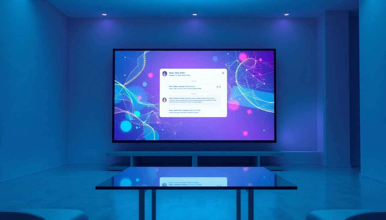 A futuristic AI chat interface on a sleek digital screen in a modern room with ambient lighting.