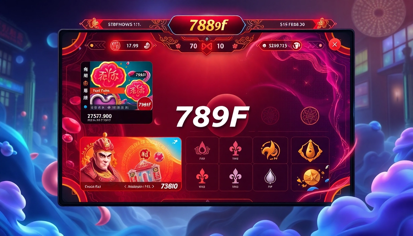 Dynamic illustration showcasing 789F's online gaming platform with Asian themes and vibrant visuals for user engagement.