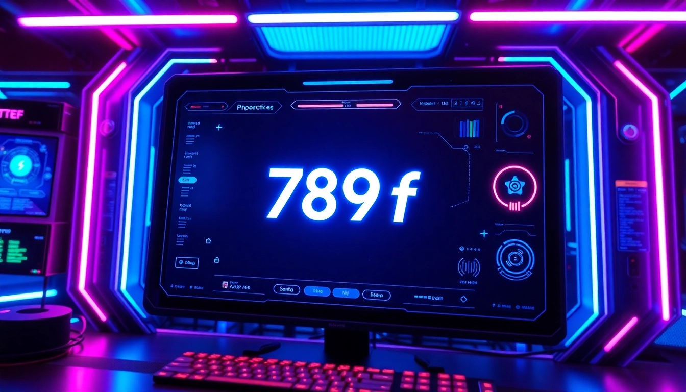 789f brand logo displayed on a sleek digital screen with futuristic design elements, emphasizing technological innovation and modern aesthetics.