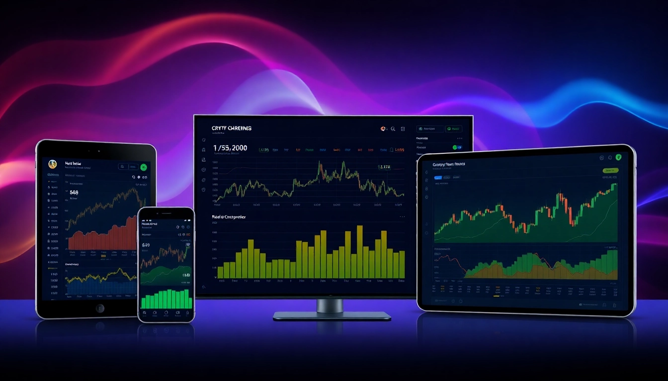 Illustration of aicoin官网 displaying real-time market data and interactive charts on various devices, emphasizing security and ease of use for traders.