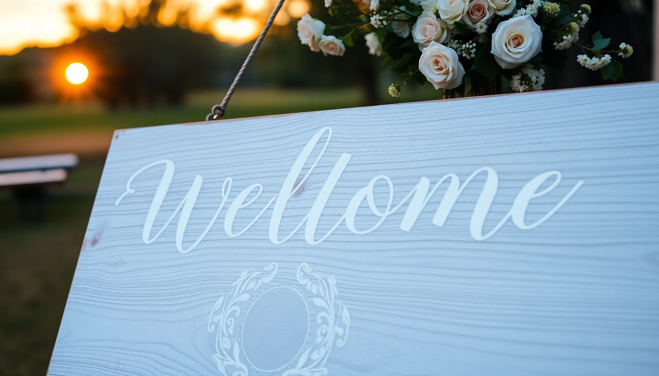 Beautiful wedding welcome sign featuring elegant calligraphy and floral accents, perfect for greeting guests at a rustic outdoor wedding entrance, enhancing overall decor.