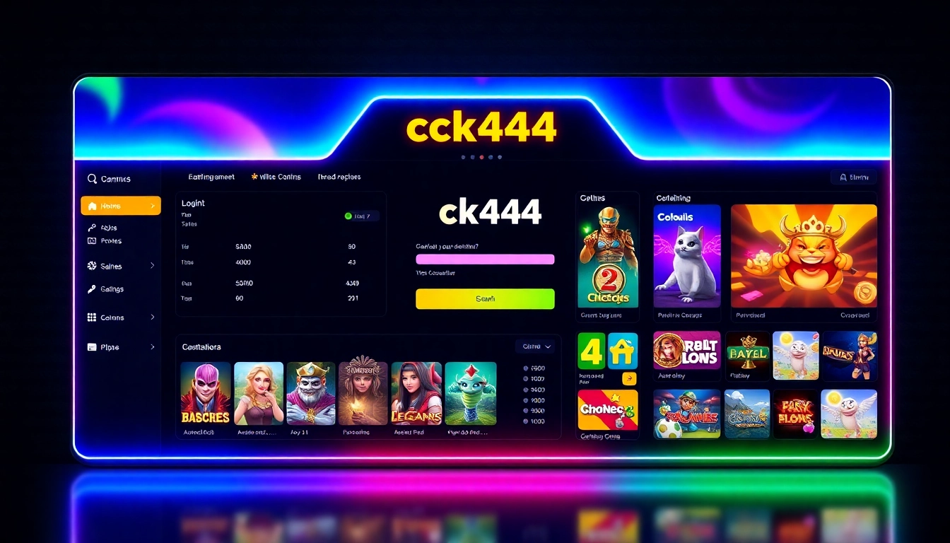 Accurately illustrating the ck444 login process, showing a user entering credentials on a secure, user-friendly platform with vibrant gaming visuals in the background, emphasizing ease and trustworthiness for players.