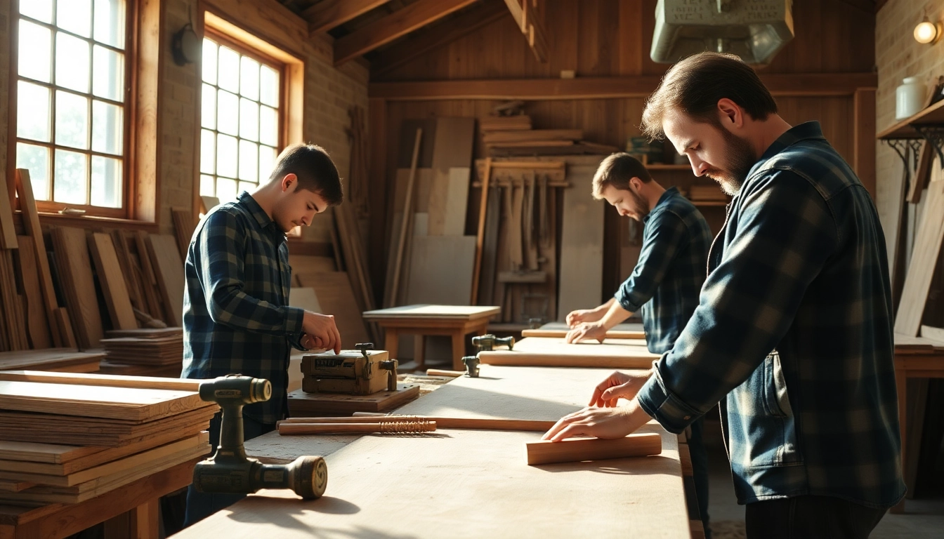 Skilled carpentry craftsmen shaping wood in a well-lit workshop, highlighting craftsmanship and tools for high-quality builds.