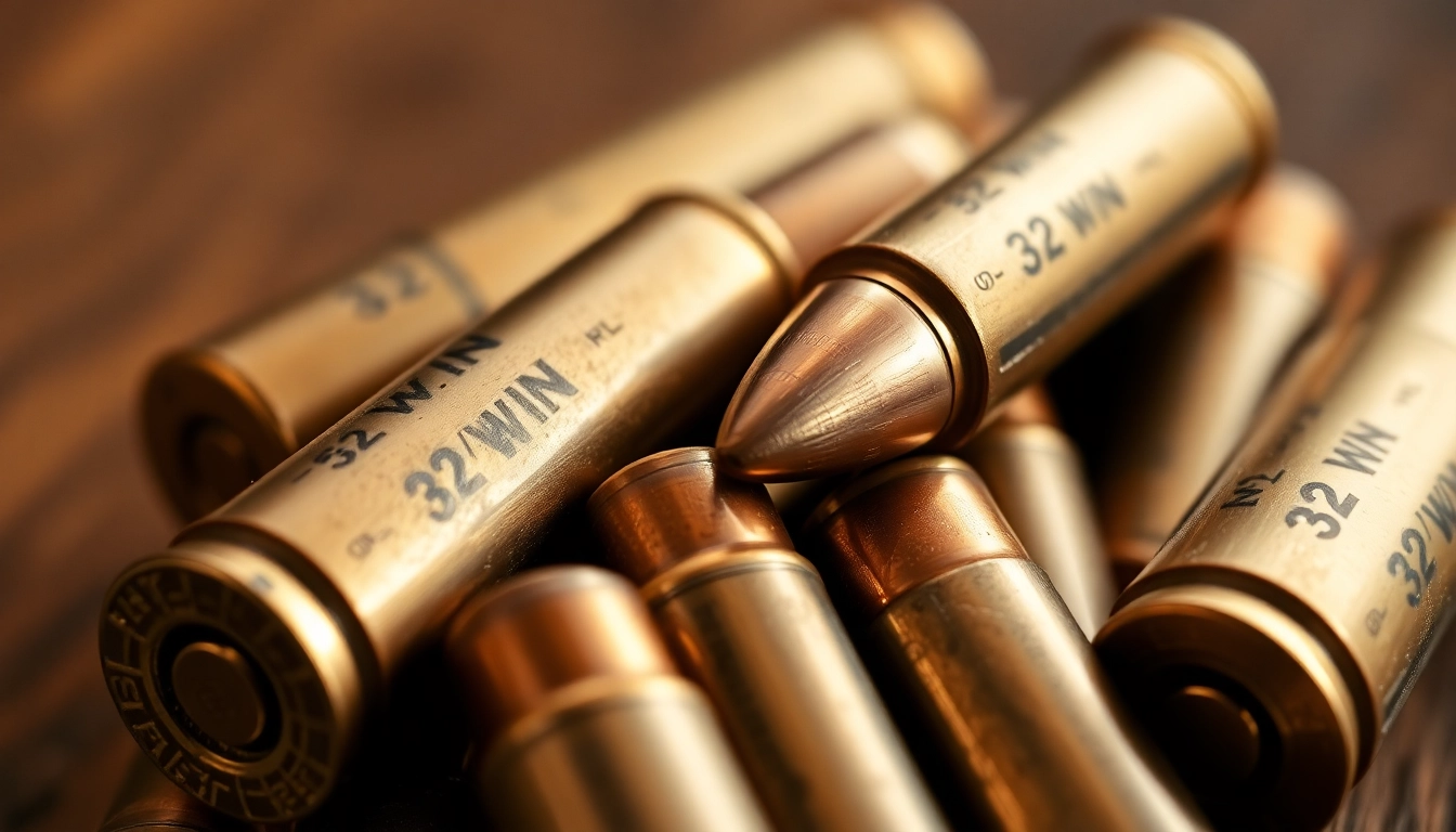 The 32 WIN cartridges displayed with their distinctive rims and vintage appeal, ideal for firearm enthusiasts.