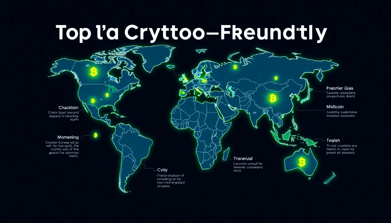 Crypto-friendly countries highlighted on a world map showcasing global blockchain adoption and favorable regulations for crypto investors.