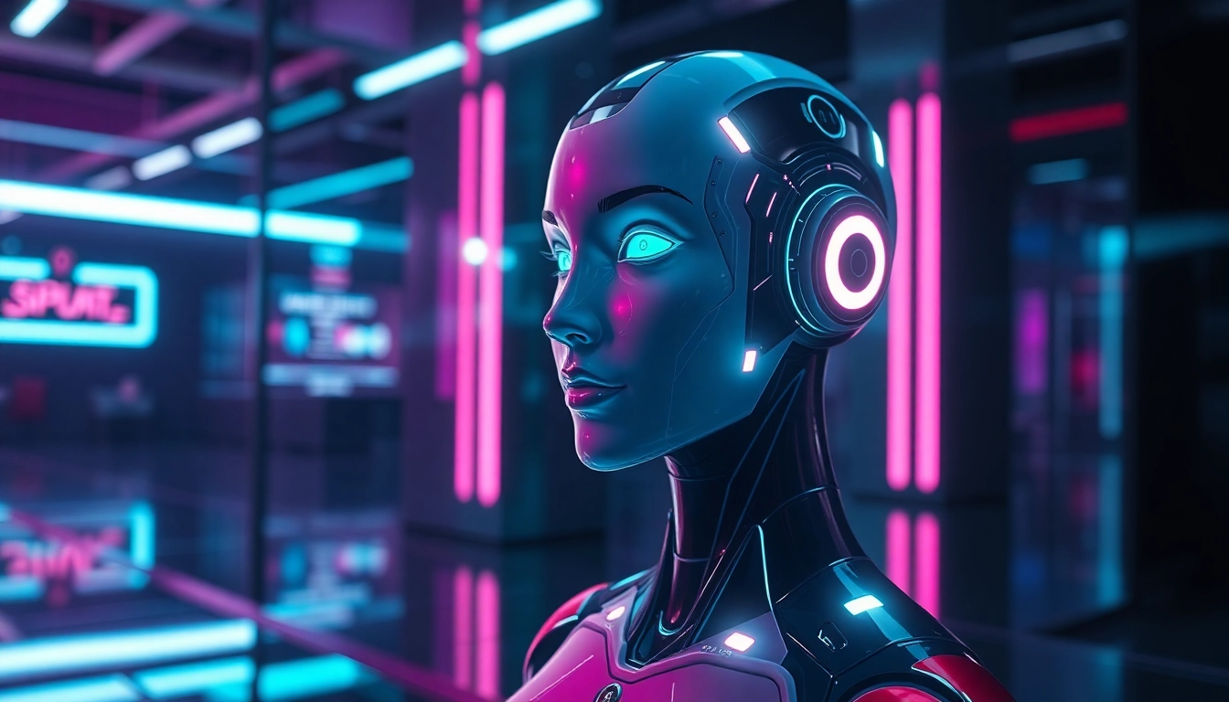 Futuristic AI chatbot interface with glowing holographic female figure in a high-tech environment at night.