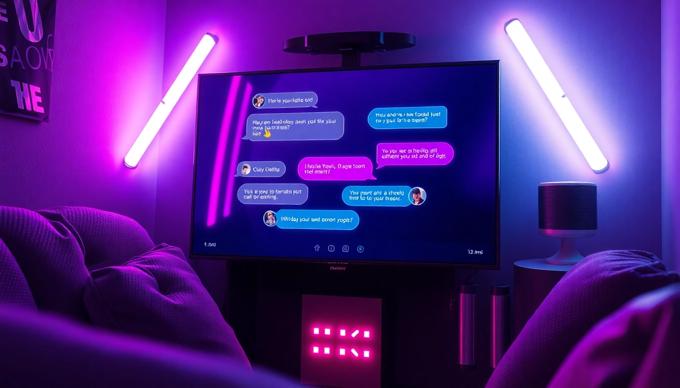 A digital illustration of a chatbot interface with neon accents in a cozy, intimate setting.