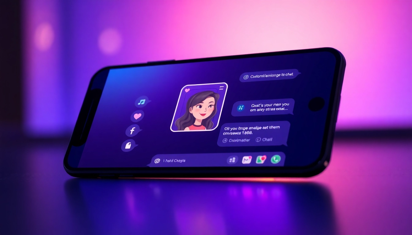 Close-up of a smartphone displaying a colorful, modern AI chatbot interface with a stylized character avatar and chat features.