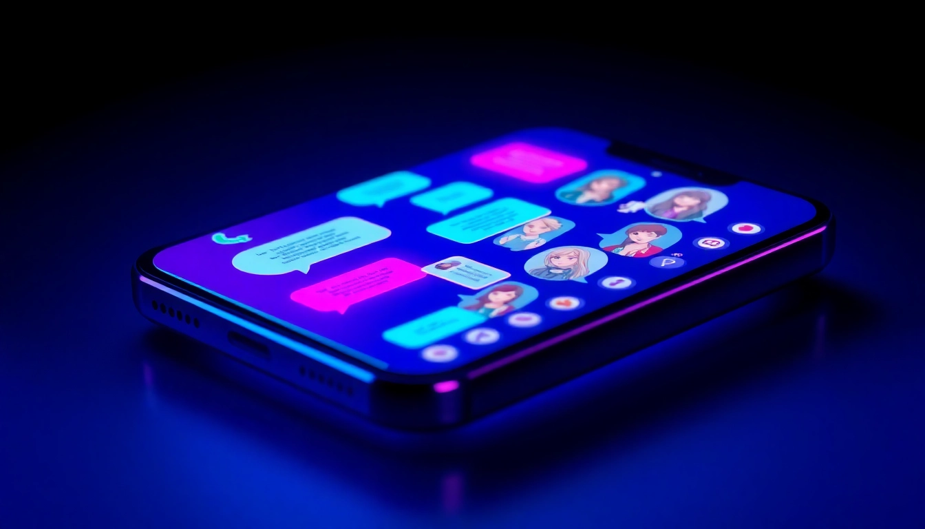 Close-up of a smartphone screen with colorful chatbot conversation and customizable characters