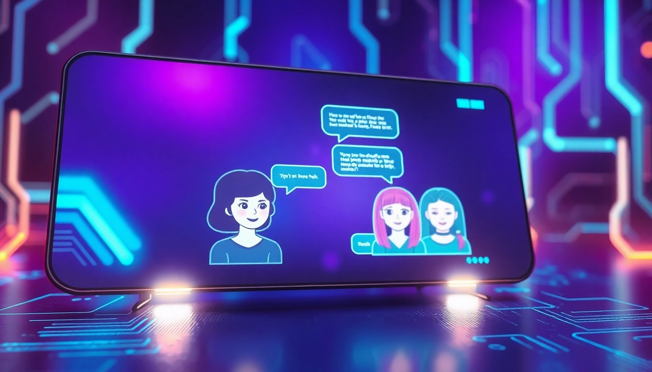 Futuristic digital chat interface with holographic AI characters and vibrant neon colors.
