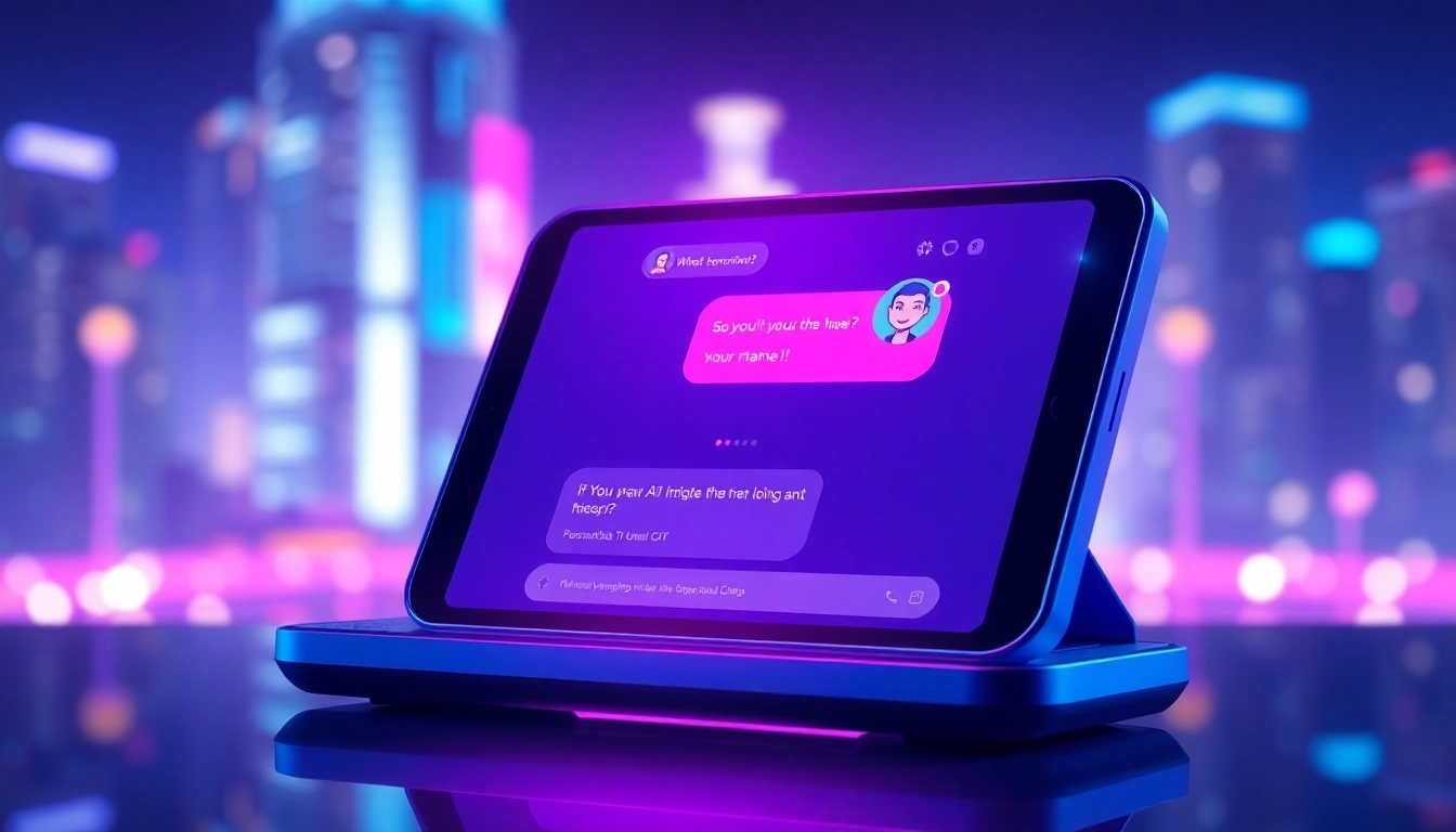 Futuristic chat interface on a device with neon-lit city background, showcasing engaging AI conversation visuals.