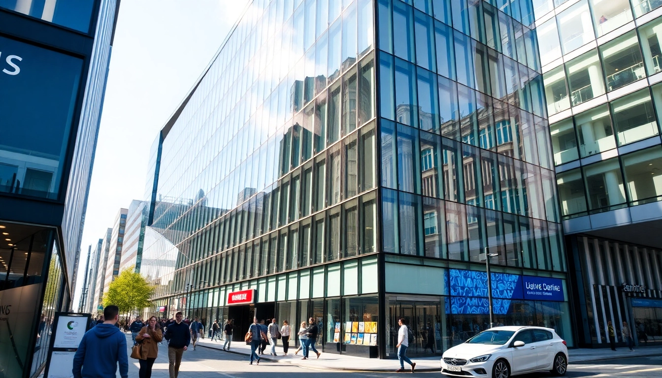 UK commercial property news showcasing a busy London office building with professionals