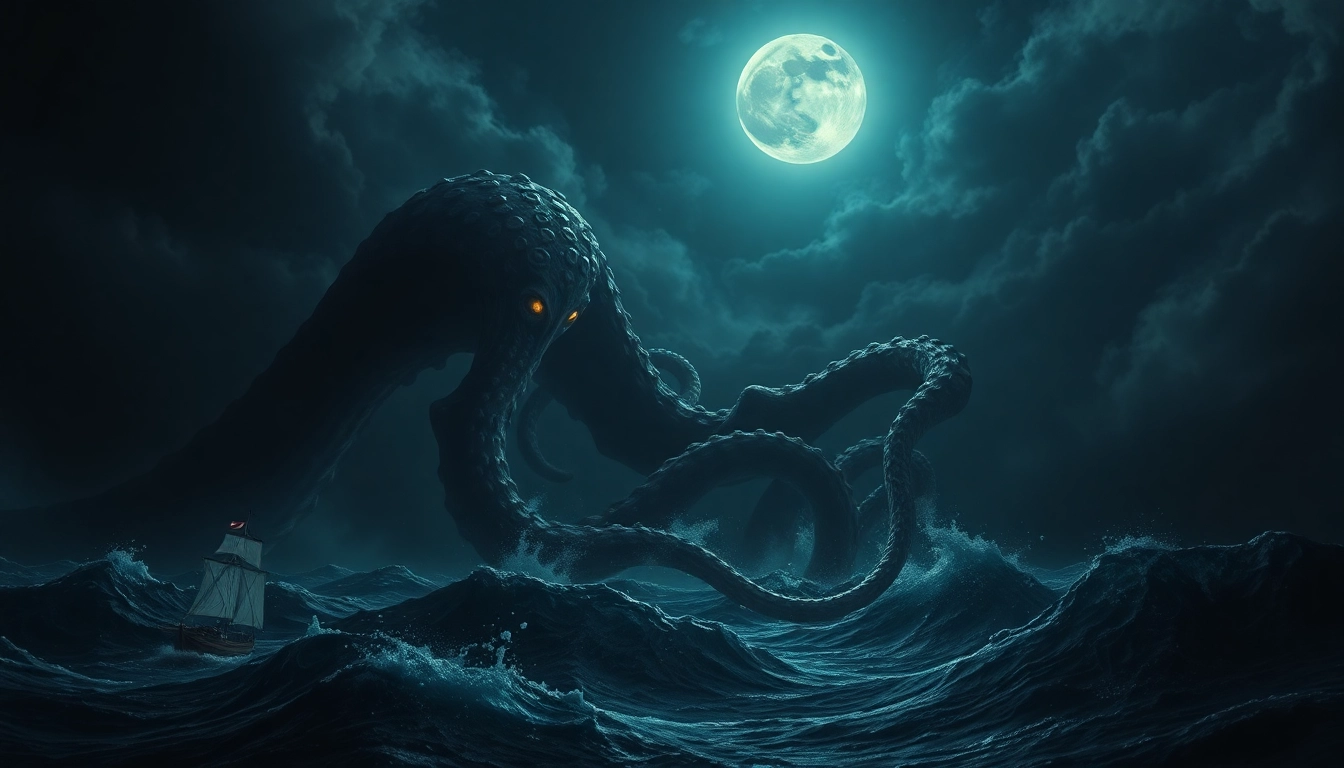 Illustration of a giant Kraken tentacle with glowing eyes, symbolizing , emerging from deep