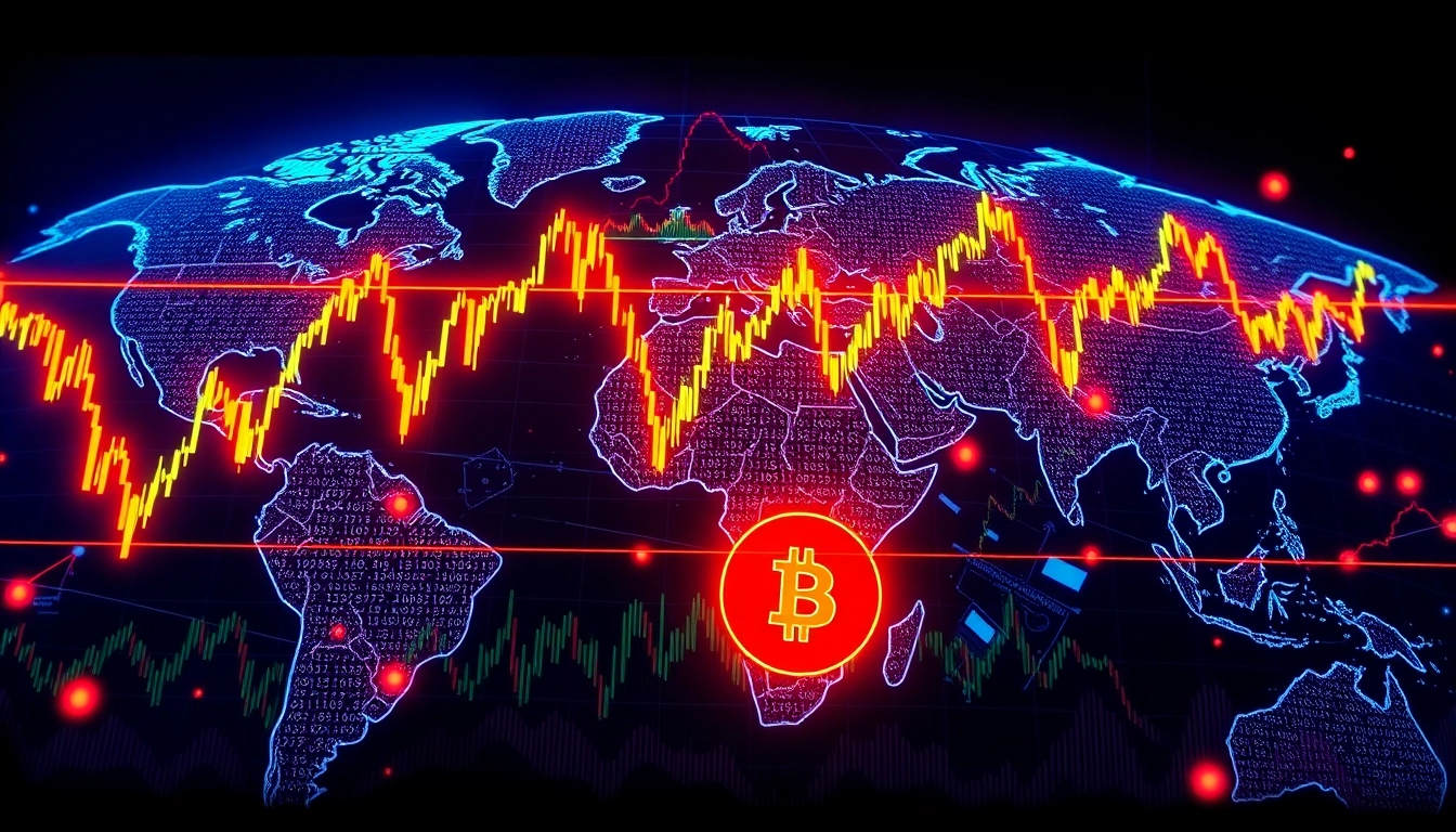 Cryptocurrency Market News illustrates digital currencies with fluctuating graphs amidst a